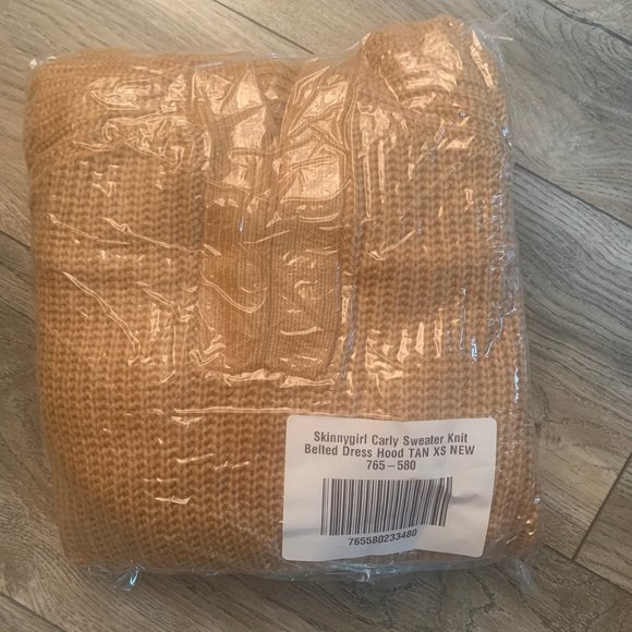 NWT SKINNYGIRL CARLY KNIT SWEATER BELTED DRESS WITH HOOD TAN XS - Picture 9 of 12